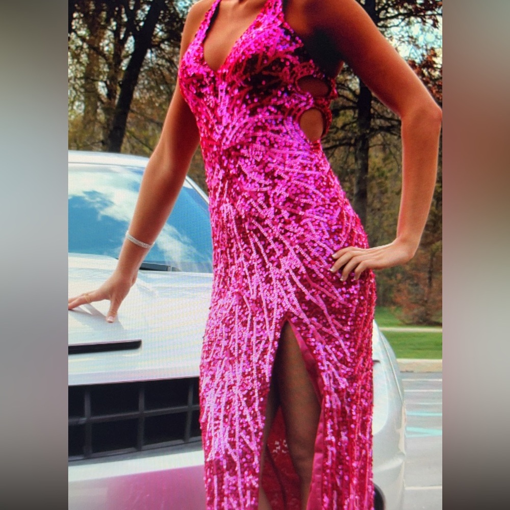 Riviera Pink Sequin Halter Prom Dress - Picture 4 of 15